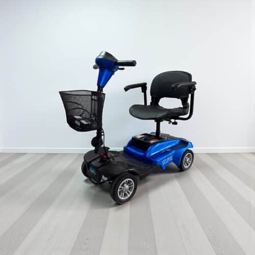 Photo showing a three-quarter view of the left of a blue, Careco Eclipse Second hand mobility scooter.
