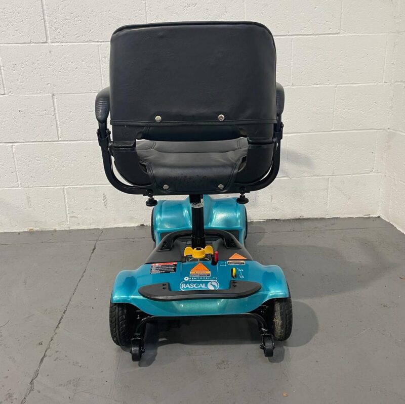 Turquoise and Black 4 Wheeled Scooter with Basket and Swivel Seat Rear View Rascal Ultralite 480