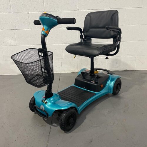 Turquoise and black 4 wheeled scooter with basket and swivel seat