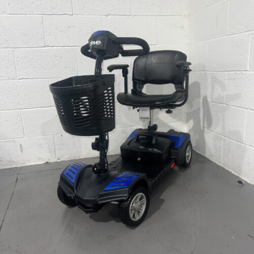 Front Left Angle View of a Black and Blue Second-hand Class 2 Transportable Light-weight Drive Scout Mobility Scooter Request a Test Drive