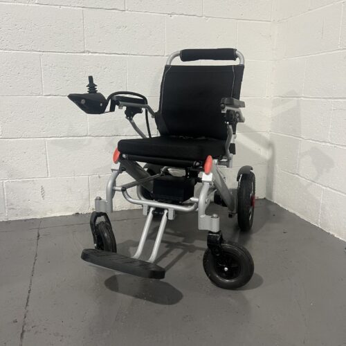 Right Hand Side View of a Silver Second-hand Class 2 Transportable Light-weight Foldable Majestic Buvan Powered Wheelchair Used Mobility Scooter Shop | Second Hand Mobility Scooters!