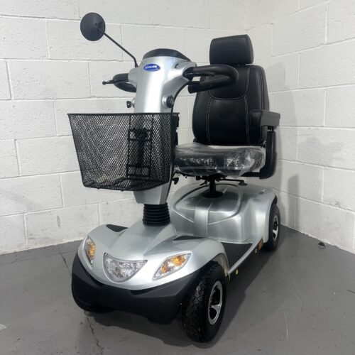 Front left angle view of a silver second-hand class 3 road legal Invacare Orion Mobility Scooter