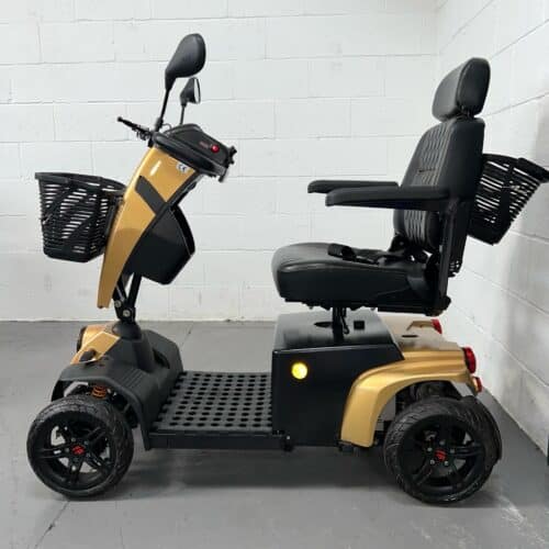 View of the Left-hand Ride of a Second-hand Gold Freerider Fr1 Cruiser Mobility Scooter. Cart