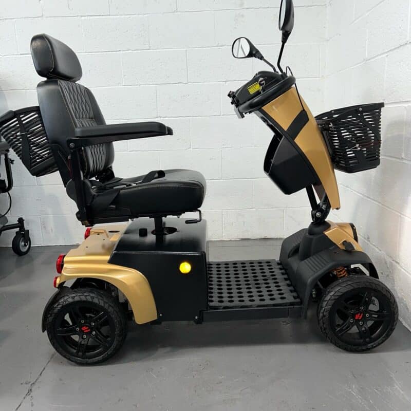 View of the Right-hand Ride of a Second-hand Gold Freerider Fr1 Cruiser Mobility Scooter. Freerider Fr1 Cruiser
