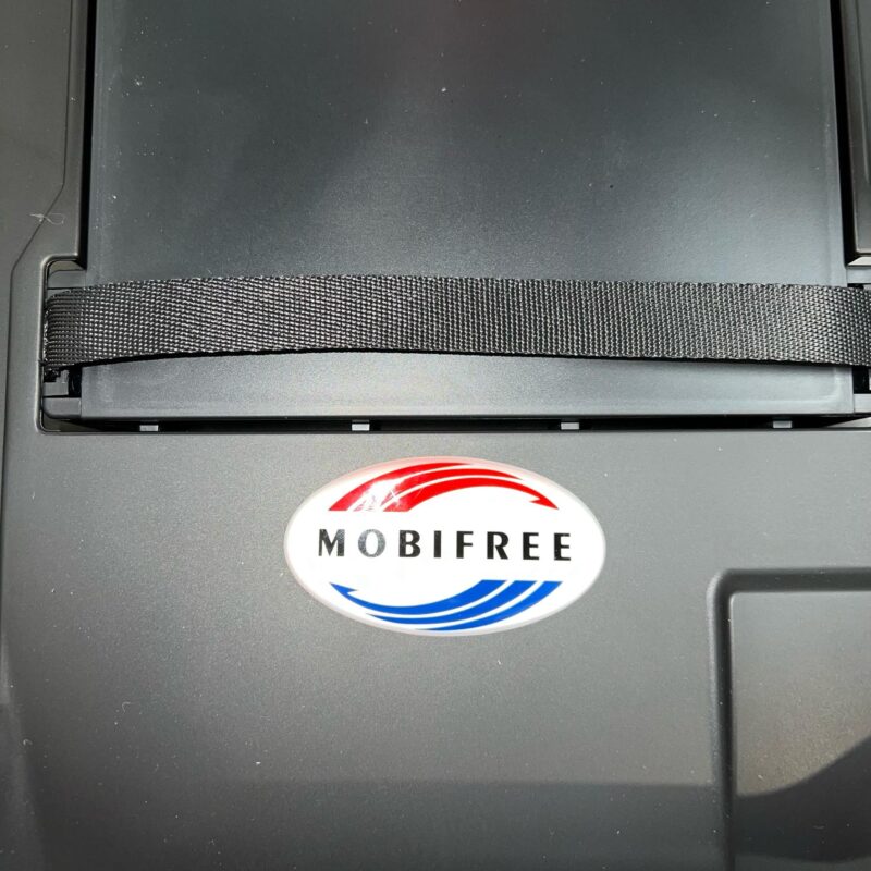 a Close-up of the Mobie Free Logo on a Second-hand Lightweight Folding Mobie Free Mobility Scooter Mobiefree Folding Scooter (2024)