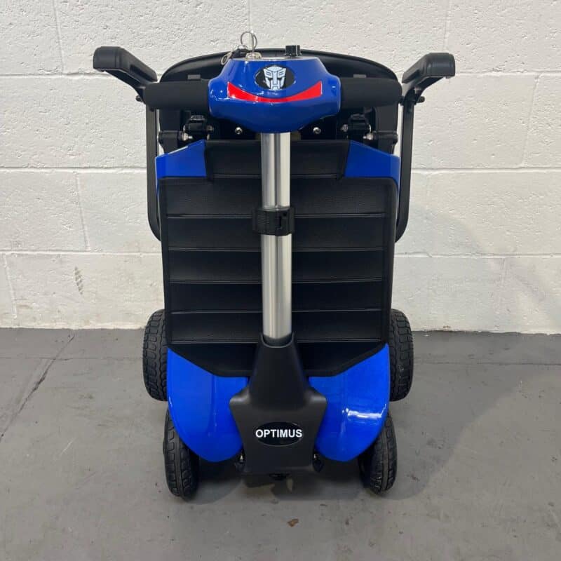 View of the Front of a Folded Second-hand Blue Optimus Automatic Folding Mobility Scooter. Optimus Automatic Folding Scooter