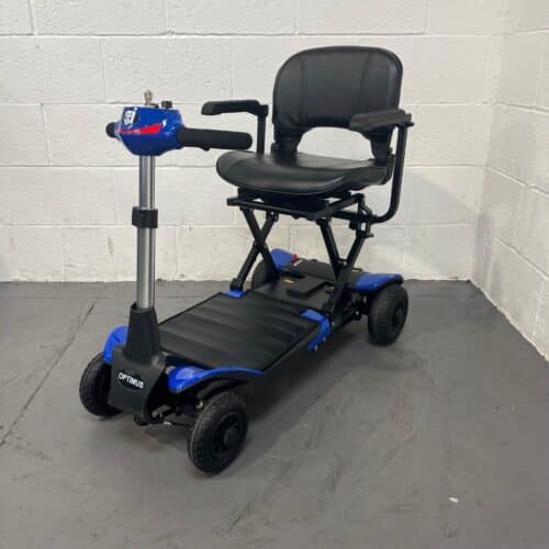 Three-quarter view of the left and front of a second-hand blue Optimus automatic folding mobility scooter.