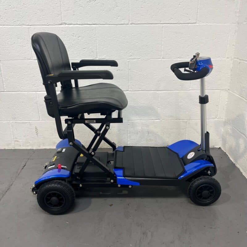 View of the Right-hand Ride of a Second-hand Blue Optimus Automatic Folding Mobility Scooter. Optimus Automatic Folding Scooter