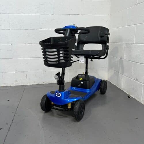 Photo Showing a Three-quarter View of the Left Side and Front of a Blue and Black, Used Clearwell Aguna Comfort Second-hand Mobility Scooter. Contact