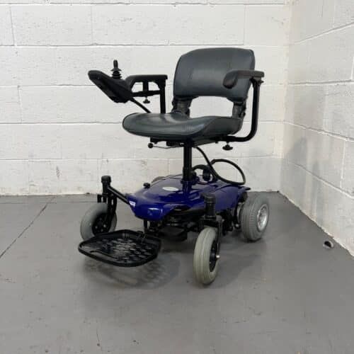 Photo showing a three-quarter view of the left side and front of a used, blue and black CareCo Fenix second-hand Powerchair.