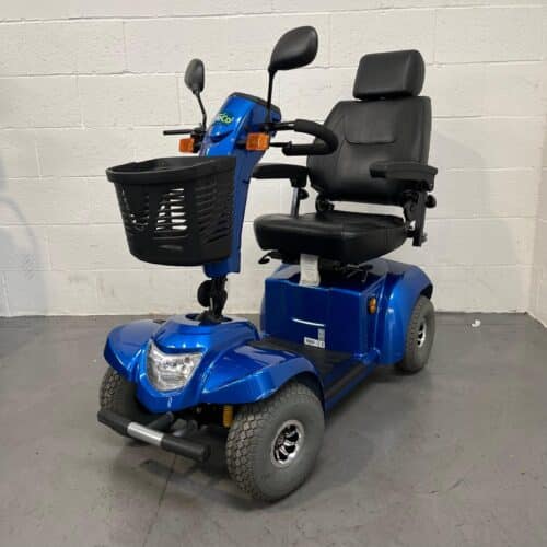 Three-quarter View of the Left Side and Front of a Blue Second-hand Careco Titan Mobility Scooter. Request a Test Drive