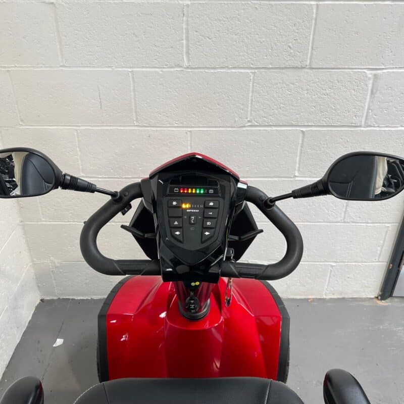View of the Controls and Handlebars on a Red, 8mph Road-legal Drive Cobra Mobility Scooter. Drive Cobra (red)