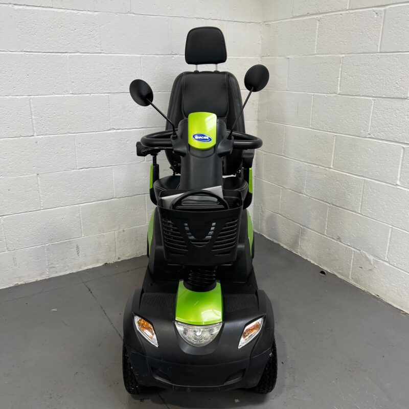 View of the Front of a Green and Black, 8mph, Road-legal, Second-hand Invacare Comet Pro Mobility Scooter. Invacare Comet Pro