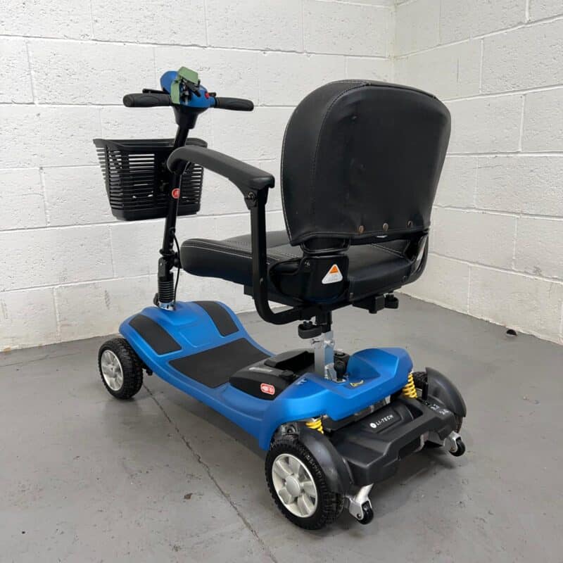Photo Showing Three-quarter View of the Left Side and Rear of a Used Blue and Black Li-tech Neon 15 Second-hand Mobility Scooter. Li-tech Neon 15