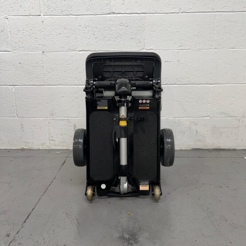 View of the Front of a Folded Black 4mph Lightweight Folding Second-hand Luggie Mobility Scooter. Luggie Standard