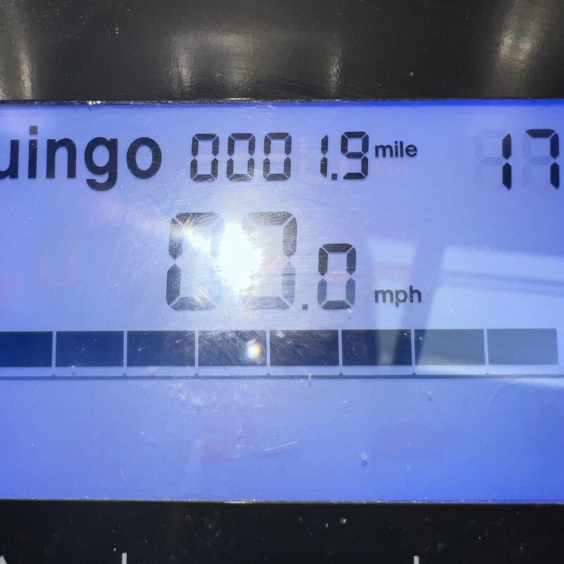 Close-up View of the Lcd Display on a Silver, 8mph Road-legal Second-hand Quingo Vitess 2 Mobility Scooter. the Display is Showing the Odometer Which Shows That the Scooter Has Travelled 1.9 Miles. Quingo Vitess 2 (only 2 Miles)
