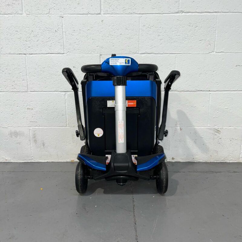 View of the Front of a Folded Blue 4mph Automatic Folding Second-hand Solax Autofold Mobility Scooter. Solax Autofold (blue)