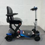 View of the Right Side of a Blue 4mph Automatic Folding Second-hand Solax Autofold Mobility Scooter. Solax Autofold (blue)