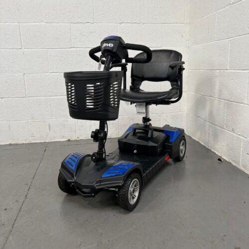 Photo Showing a Three-quarter View of the Left Side and Front of a Blue and Black, Drive Scout Second-hand Mobility Scooter. Used Mobility Scooter Shop | Second Hand Mobility Scooters!