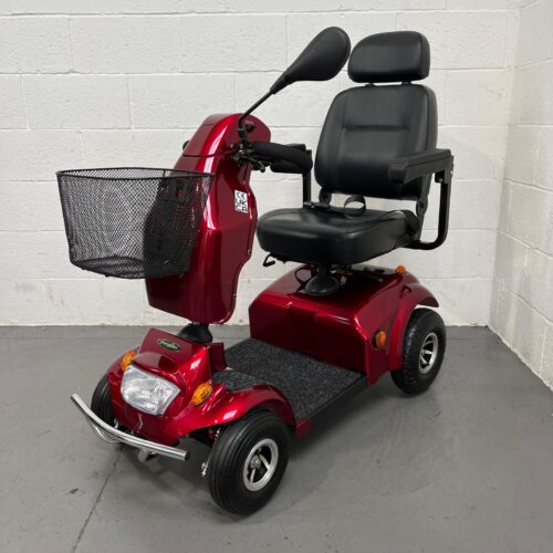 Photo showing a three-quarter view of the left side and front of a dark read and black, Freerider City Ranger 8 second-hand mobility scooter.