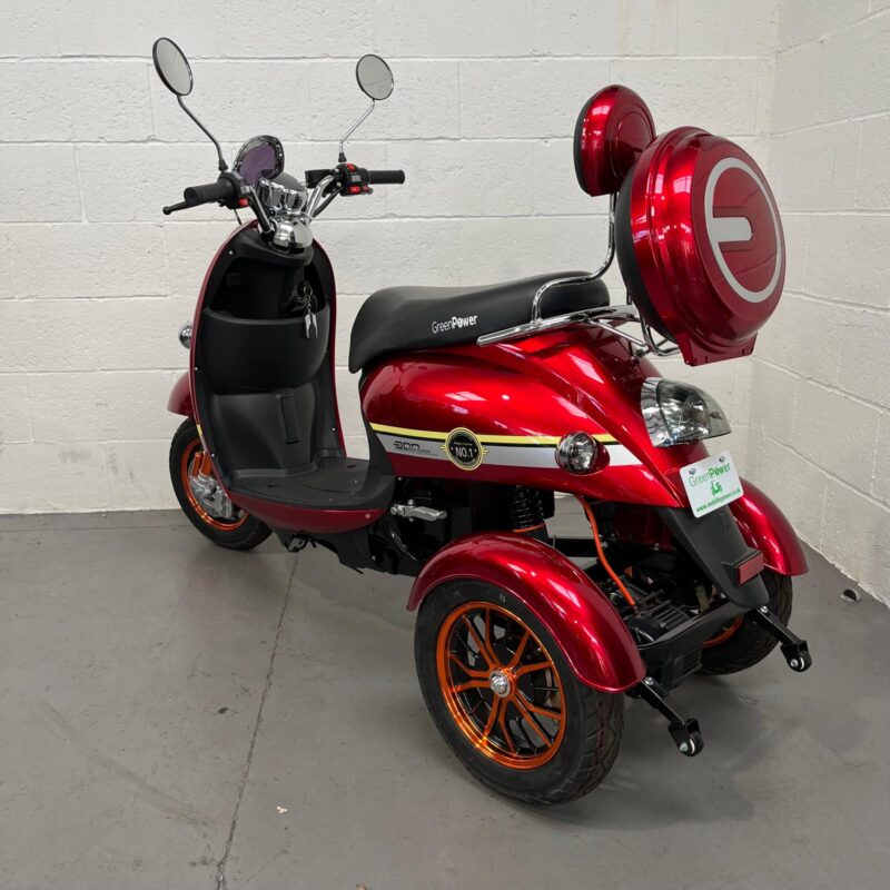 Photo Showing a Three-quarter View of the Left Side and Rear of a Dark Red, Greenpower Unique 500 Second-hand Mobility Scooter. Greenpower Unique 500