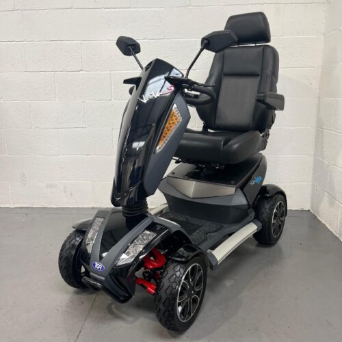 Photo Showing a Three-quarter View of the Left Side and Front of a Black and Grey Tga Vita S Second-hand Mobility Scooter. Used Mobility Scooter Shop | Second Hand Mobility Scooters!