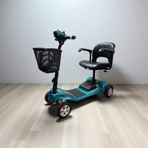 Photo showing a three-quarter view of the left of a Teal, Li-Tech Air Second hand mobility scooter.