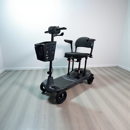 Photo showing a three-quarter view of the left of a Grey, Monarch Genie Ultralight Second hand mobility scooter.
