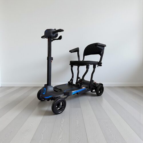 Photo showing a three-quarter view of the left of a blue, Monarch Supa Carbon Lite Second hand mobility scooter.