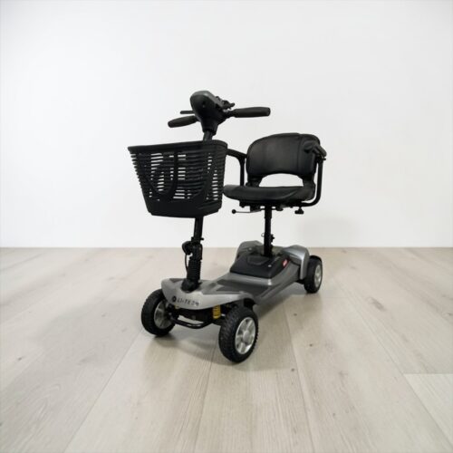 Photo showing a three-quarter view of the left of a Silver, Li-Tech Marathon Second hand mobility scooter.