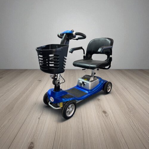Photo showing a three-quarter view of the left of a Blue, One Rehab Illusion Second hand mobility scooter.