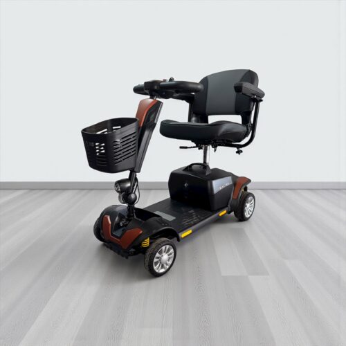 Photo showing a three-quarter view of the left of a Black and Copper, Careco Astro Second hand mobility scooter.