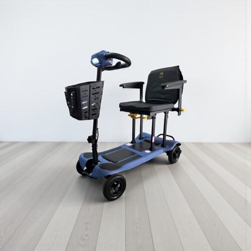 Photo showing a three-quarter view of the left of a blue, Scooterpac Atom Fold Second hand mobility scooter.