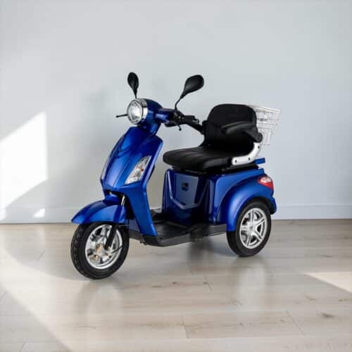 Photo showing a three-quarter view of the left of a Blue, Veleco ZT15 Second hand mobility scooter.